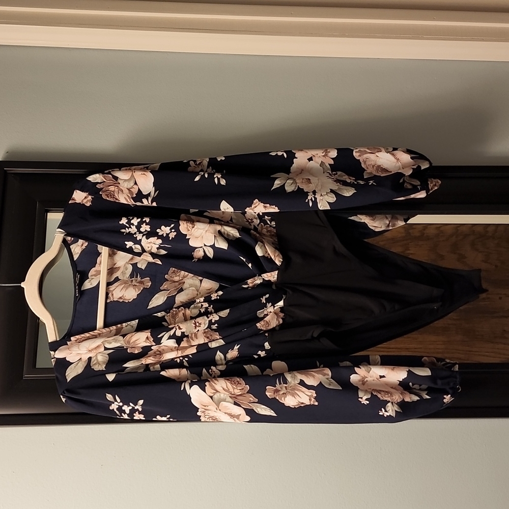 Shein bodysuit with deep v navy with floral pattern